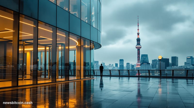 A cinematic photorealistic editorial photograph set in the financial district of Tokyo, Japan, with the iconic Tokyo Skytree 