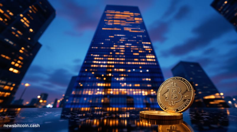 Cinematic photorealistic editorial photograph of a sleek glass-and-steel Tokyo corporate tower at dusk, shot from a low upwar