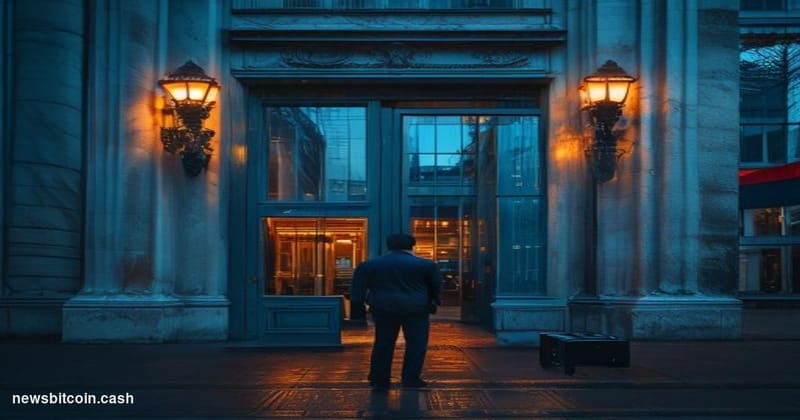 A cinematic photorealistic editorial photograph of a grand European financial district street — Brussels or Frankfurt's banki