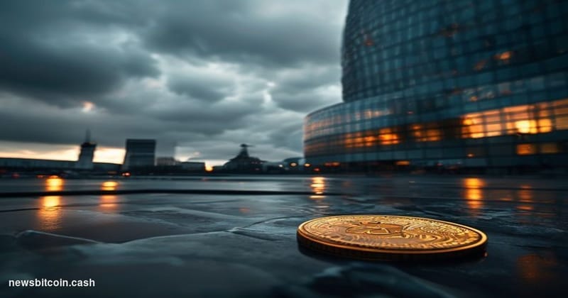 Cinematic photorealistic editorial photograph of the European Central Bank headquarters in Frankfurt, Germany — the distincti