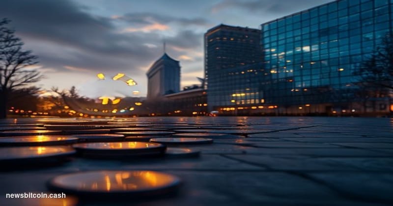 Cinematic photorealistic editorial photograph of the European Central Bank headquarters in Frankfurt, Germany, its distinctiv