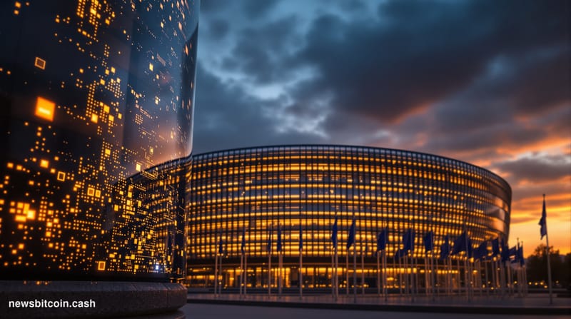 Cinematic photorealistic editorial photograph of the European Parliament building in Strasbourg, France, captured at dusk wit