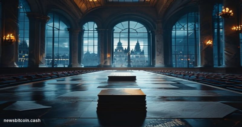 A cinematic photorealistic editorial photograph set inside a grand but eerily empty European Union regulatory chamber — marbl