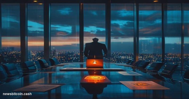 A cinematic photorealistic editorial photograph of a large, dimly lit corporate boardroom with floor-to-ceiling glass windows
