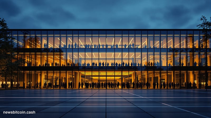 Cinematic photorealistic editorial photograph of Microsoft's Redmond Washington campus headquarters at dusk, shot from a low 