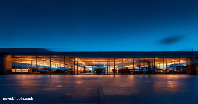 Cinematic photorealistic editorial photograph of a Microsoft corporate campus building exterior at dusk, shot from a low angl