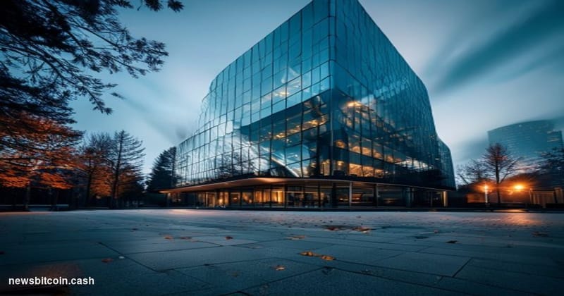 Cinematic photorealistic editorial photograph of Microsoft's Redmond, Washington campus at dusk, shot from a low angle lookin