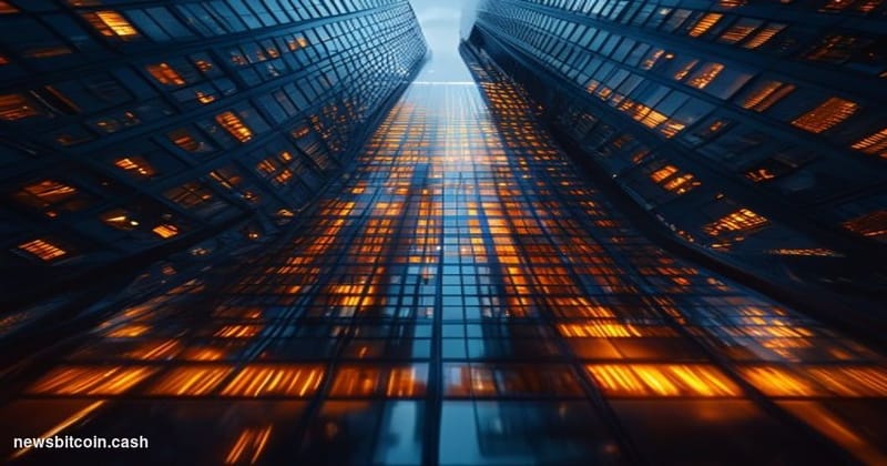 Cinematic photorealistic editorial photograph of a glass-and-steel financial district office tower at dusk, representing Mizu