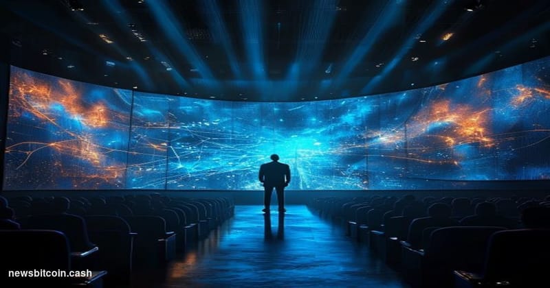 Cinematic photorealistic editorial photograph of a large darkened conference stage at a major GPU technology convention, with