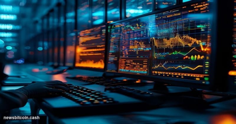 Cinematic photorealistic editorial photograph of a dimly lit cybersecurity operations center, dramatic blue and amber lightin