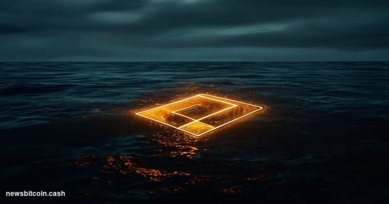 Cinematic photorealistic editorial photograph of a large illuminated Bitcoin symbol half-submerged in dark water, shot at wat