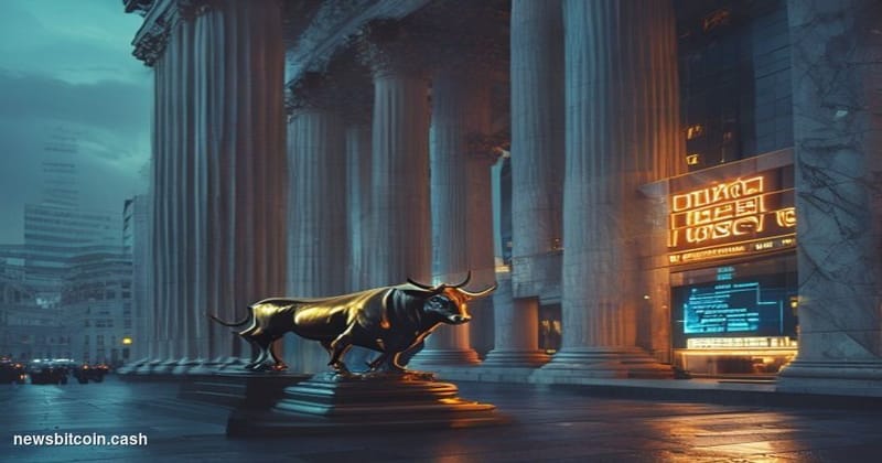 Cinematic photorealistic editorial photograph of the New York Stock Exchange building on Wall Street, shot at dawn with warm 
