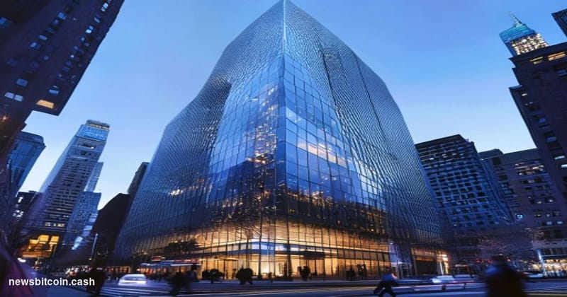 Cinematic photorealistic editorial photograph of the Morgan Stanley headquarters building in Midtown Manhattan, shot from a l