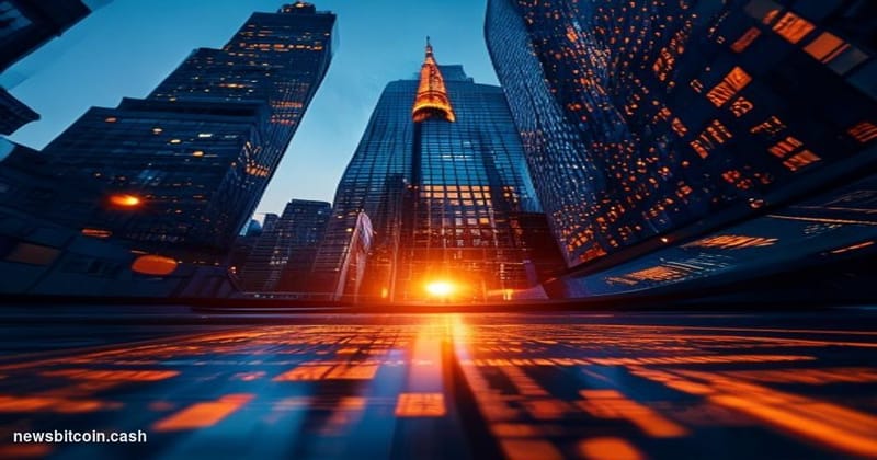 Cinematic photorealistic editorial photograph of Morgan Stanley's iconic Midtown Manhattan headquarters tower at dusk, shot f