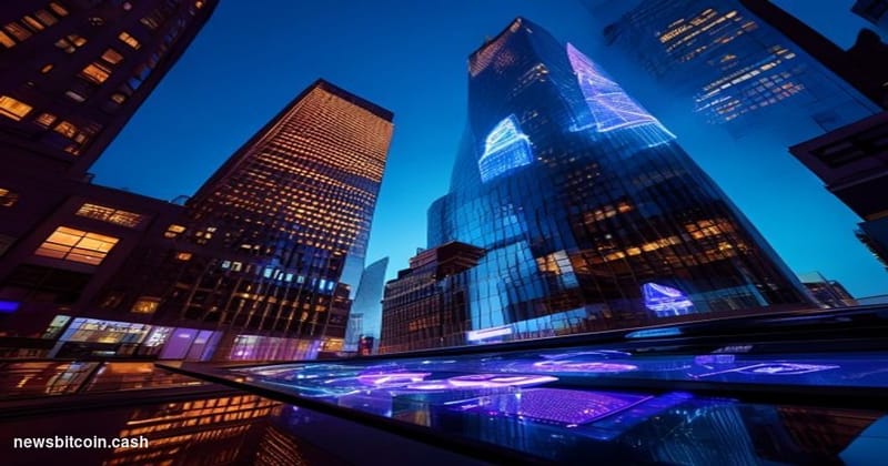 Cinematic photorealistic editorial photograph of the Morgan Stanley headquarters building on Times Square in Midtown Manhatta