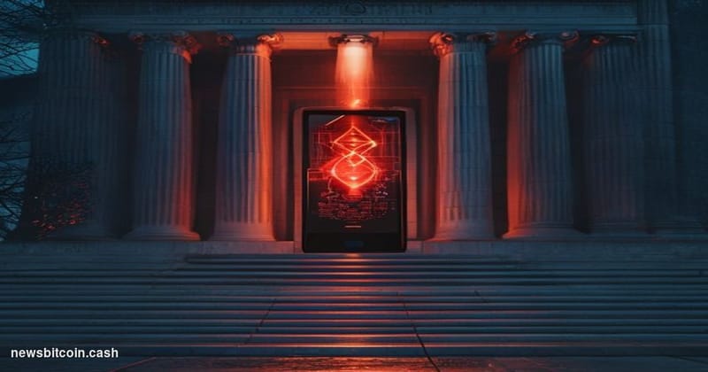 Cinematic photorealistic editorial photograph set in a Delaware federal courthouse exterior at dusk, the neoclassical stone f