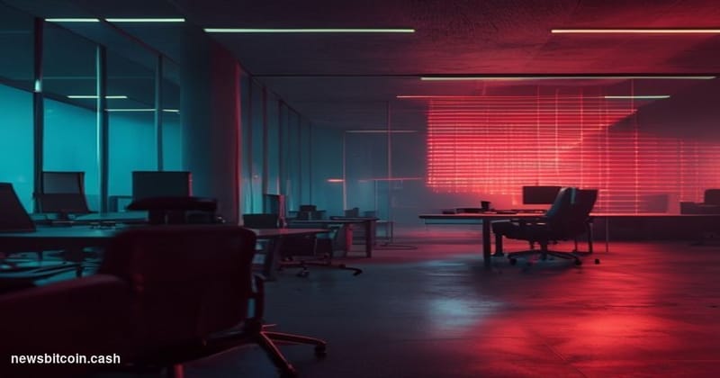 Cinematic photorealistic editorial photograph of a darkened corporate tech office interior, shallow depth of field, with a pr
