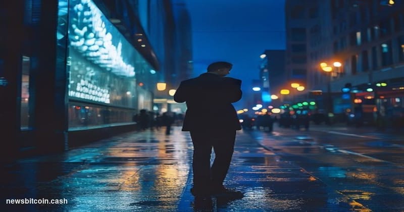 Cinematic photorealistic editorial photograph of a large digital billboard or curved LED display in a rain-slicked urban corr