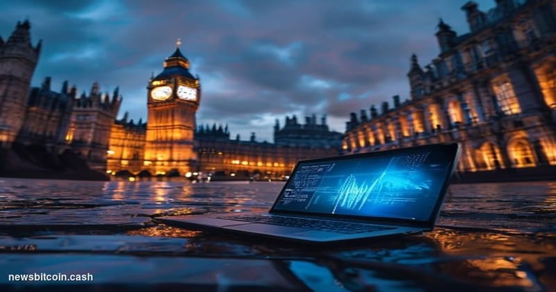 Cinematic photorealistic editorial photograph taken at dramatic low angle looking up at the Palace of Westminster and Big Ben