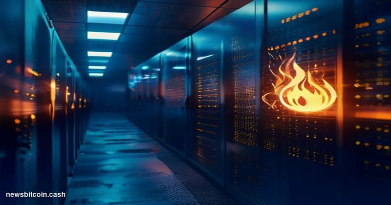 Cinematic photorealistic editorial photograph of a sleek modern server room bathed in deep teal and electric-blue lighting, w