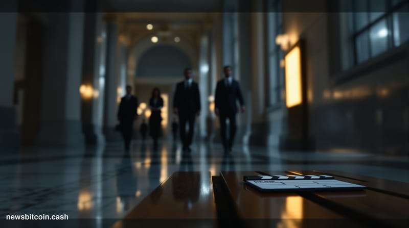 Cinematic photorealistic editorial photograph of a somber courtroom corridor in a United States federal courthouse, dramatic 