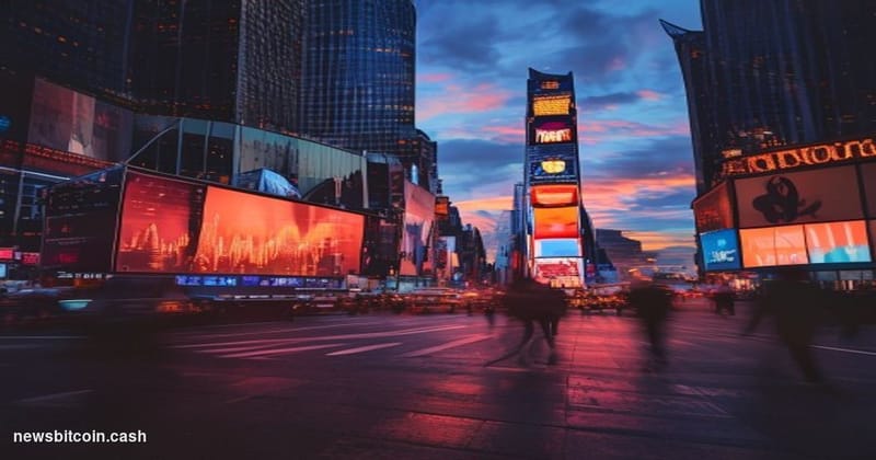 Cinematic photorealistic editorial photograph of a large NASDAQ stock ticker board in Times Square, New York City, at dusk wi