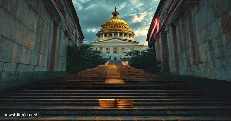 Cinematic photorealistic editorial photograph of the New Hampshire State House in Concord, its distinctive gold dome gleaming
