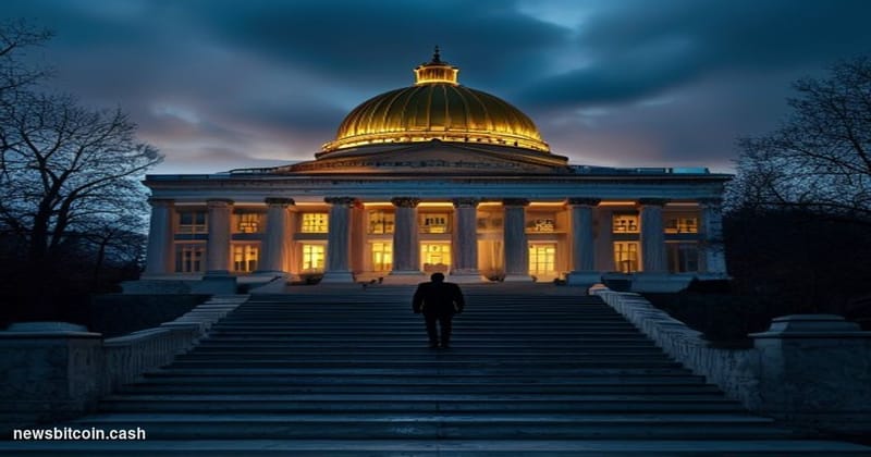 Cinematic photorealistic editorial photograph of the New Hampshire State House in Concord, captured at dusk with dramatic war
