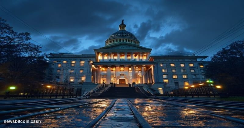 Cinematic photorealistic editorial photograph of the New York State Capitol building in Albany at dusk, its neoclassical gran