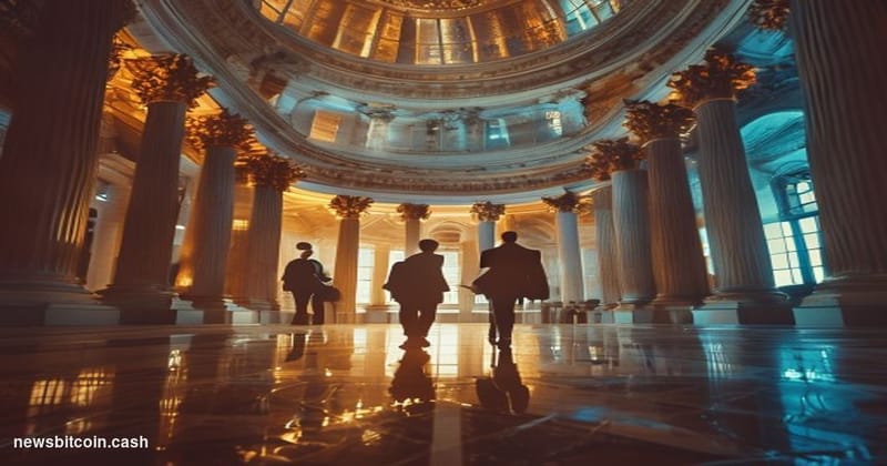 A cinematic photorealistic editorial photograph set inside a grand New York State courthouse rotunda, dramatic upward camera 
