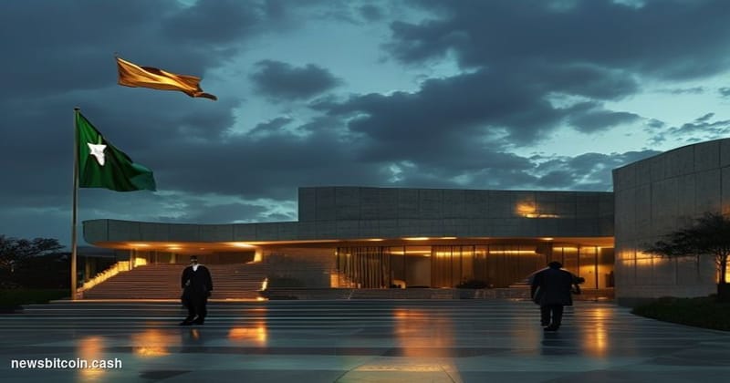 Cinematic photorealistic editorial photograph of Nigeria's Aso Rock Presidential Villa in Abuja, shot at dusk with dramatic g
