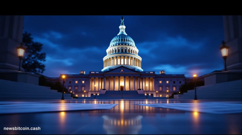 Cinematic photorealistic editorial photograph of the United States Capitol building in Washington D.C. at dusk, shot from a l