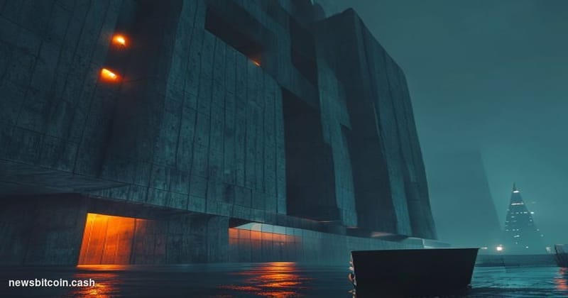 Cinematic photorealistic editorial photograph shot at night from a low angle, looking up at a brutalist North Korean governme