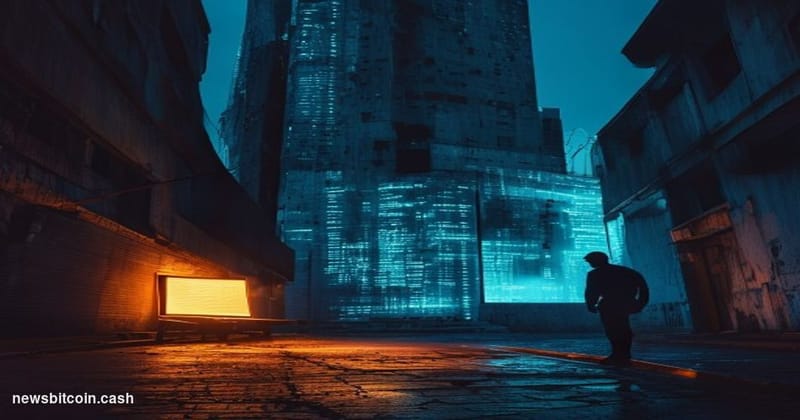 Cinematic photorealistic editorial photograph set in a shadowy, neon-lit East Asian urban alleyway at night, with a glowing l