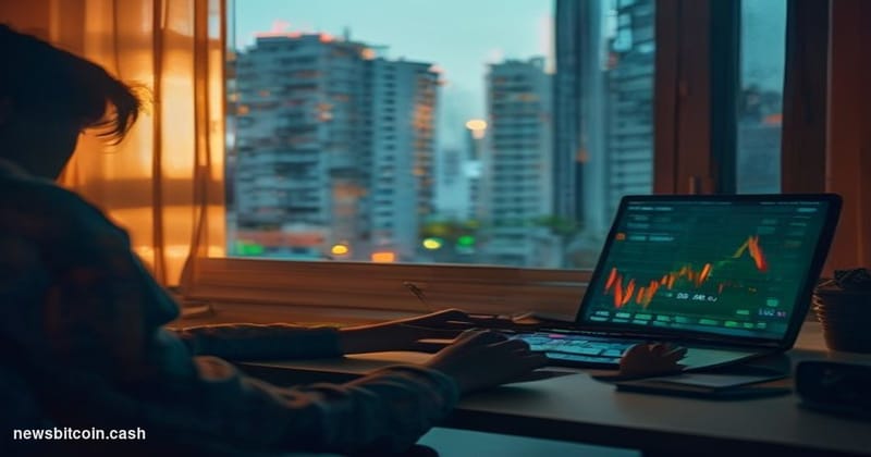 Cinematic photorealistic editorial photograph of a young person in their early 20s sitting at a modest desk in a warmly lit a