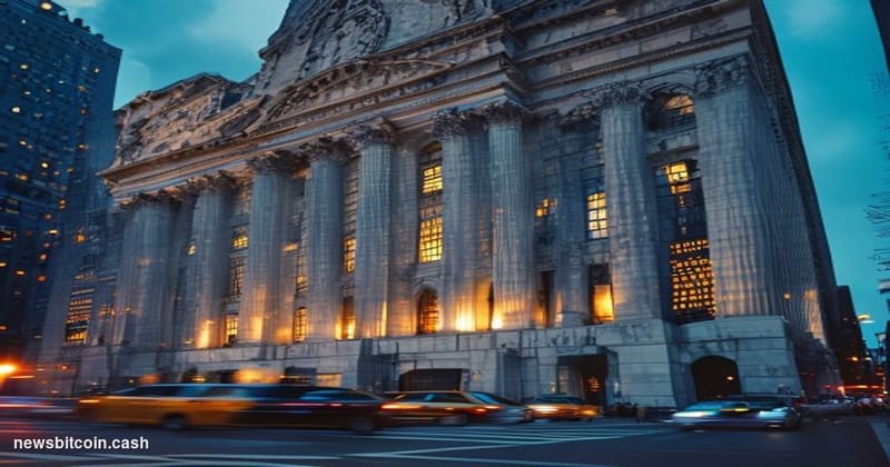 Cinematic photorealistic editorial photograph of the New York Federal Reserve Bank's imposing limestone fortress facade on Li