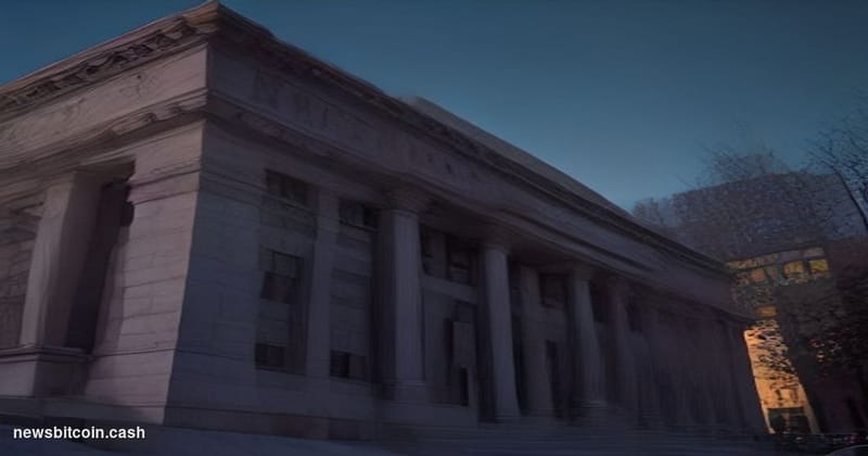 Cinematic photorealistic editorial photograph of the New York Federal Reserve Bank's imposing Florentine Renaissance-style st