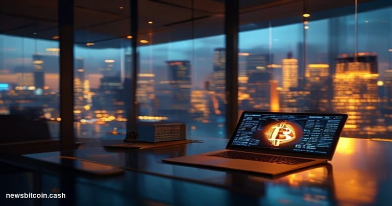 Cinematic photorealistic editorial photograph of a sleek modern corporate office interior with floor-to-ceiling glass walls o