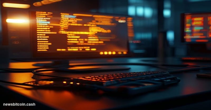 Cinematic photorealistic editorial photograph of a darkened decentralized finance trading terminal screen glowing with a sing