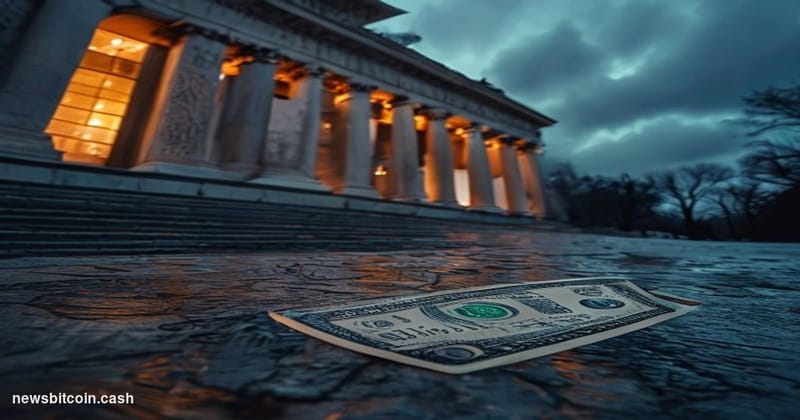 A cinematic photorealistic editorial photograph shot at a low angle looking up at the U.S. Treasury Department building in Wa