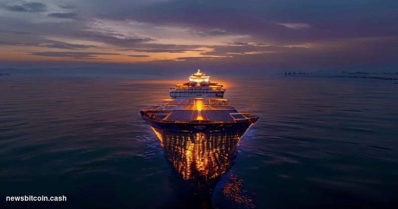 Cinematic photorealistic editorial photograph of a massive commercial cargo vessel navigating the narrow, oil-dark waters of 