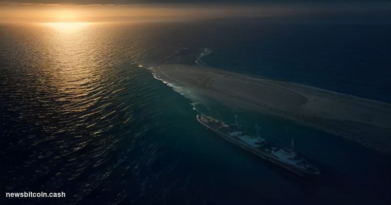 Cinematic photorealistic editorial photograph of the Strait of Hormuz viewed from a low aerial angle at dusk, with a massive 