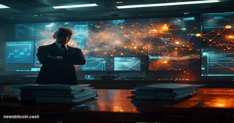 A cinematic photorealistic editorial photograph set inside a dimly lit financial enforcement operations center, with large wa