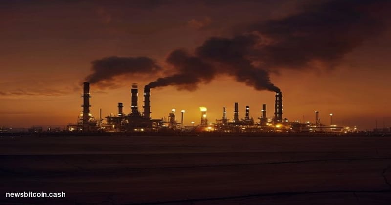 Cinematic photorealistic editorial photograph of a large oil refinery at dusk, silhouetted against a deep amber and crimson s