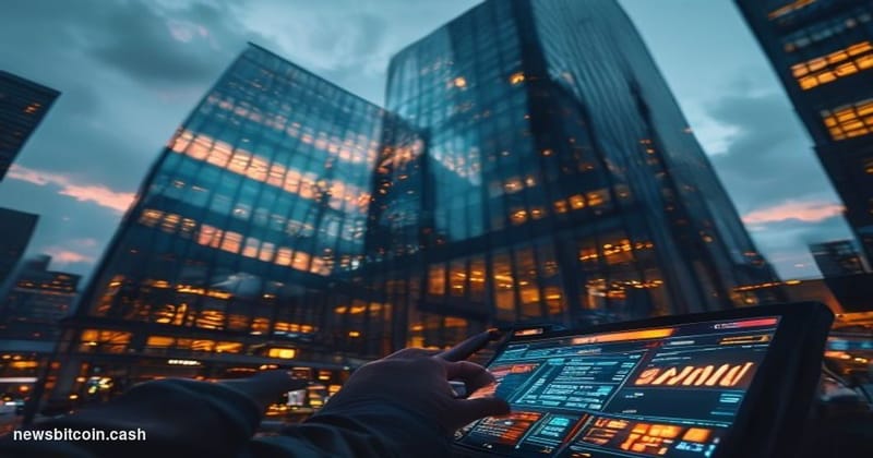 Cinematic photorealistic editorial photograph of a sleek European financial district at dusk, with a prominent glass-and-stee