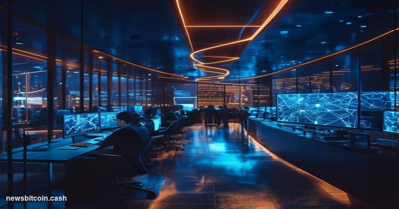 A cinematic photorealistic editorial photograph of a sleek, dimly lit financial technology operations center, with curved row