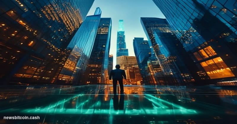 Cinematic photorealistic editorial photograph of the Tokyo financial district skyline at dusk, shot from a low angle looking 