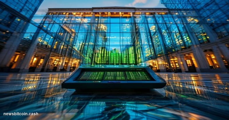 A cinematic photorealistic editorial photograph shot at low angle looking up at the facade of a glass-and-steel financial dis