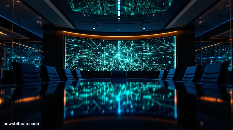 Cinematic photorealistic editorial photograph of a sleek modern boardroom with a large curved screen displaying a blockchain 