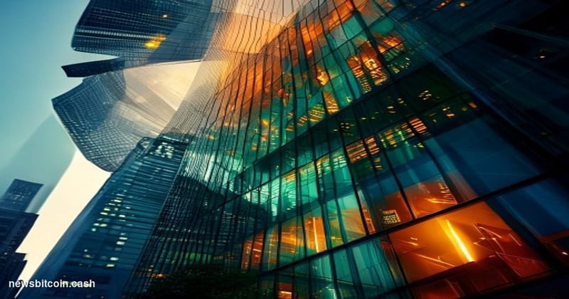 Cinematic photorealistic editorial photograph of the Depository Trust & Clearing Corporation (DTCC) headquarters building in 